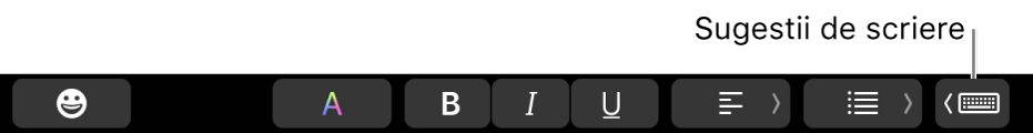 Bara Touch Bar, cu butonul de afișare a sugestiilor de scriere în capătul din dreapta.
