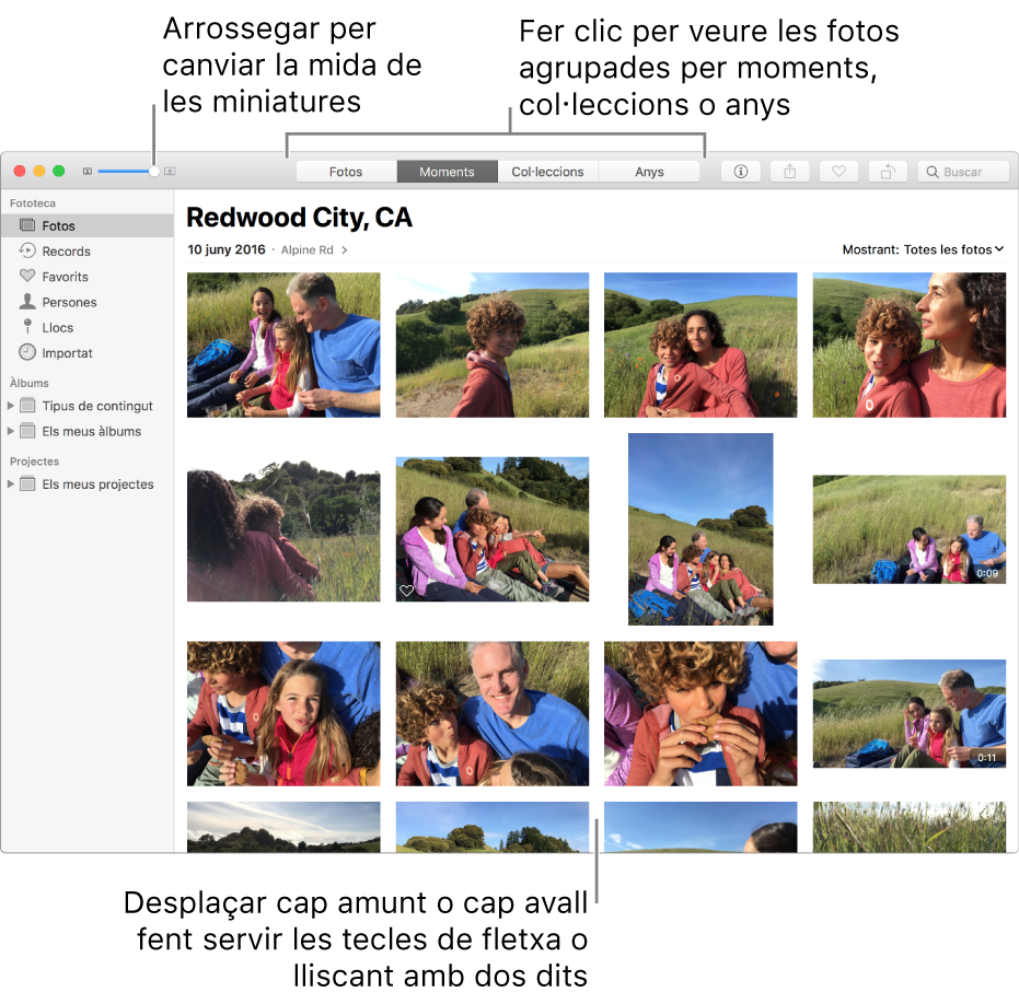 Finestra de l’app Fotos amb les fotos d’un moment.