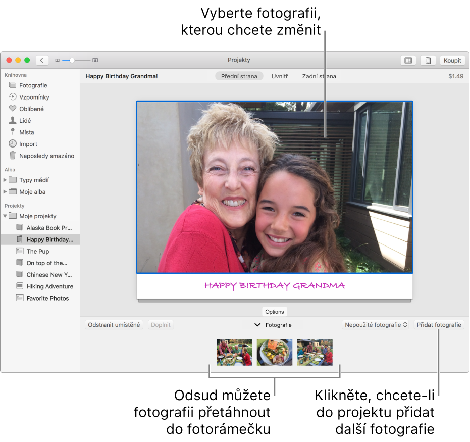 Přání s vybranou fotografií a tlačítkem Přidat fotografie vpravo dole.