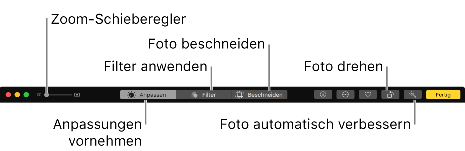 Symbolleiste zum Bearbeiten mit Tasten zum Anzeigen der Änderungen, für Filter und Beschneidungsoptionen