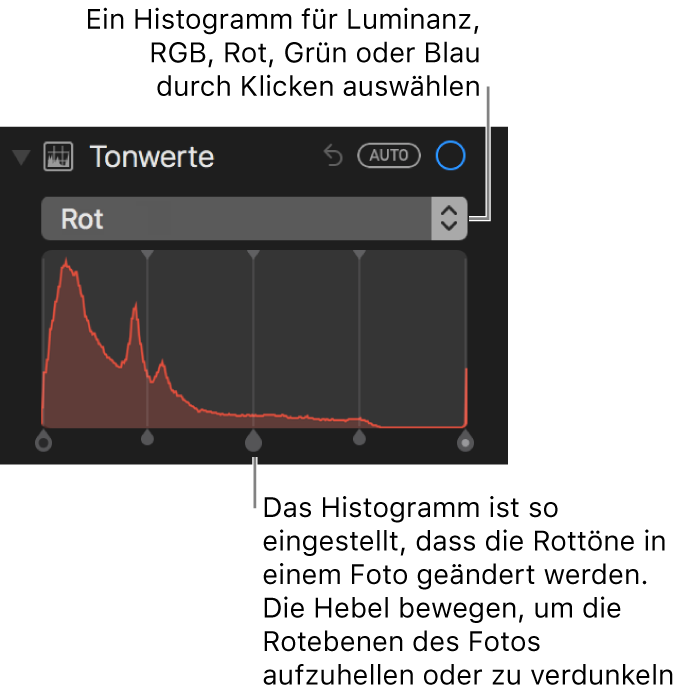 Die Steuerungen für Tonwerte und das Histogramm zum Ändern der Rottöne in einem Foto