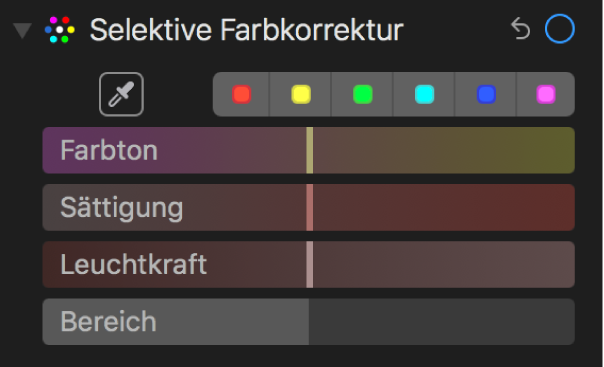 Steuerelemente „Selektive Farbkorrektur“ mit den Reglern für Farbton, Sättigung, Leuchtkraft und Bereich