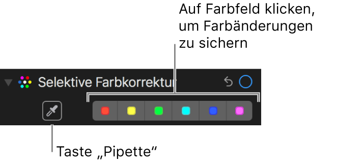 Steuerelemente „Selektive Farbkorrektur“ mit Taste „Pipette“ und Farbfeldern