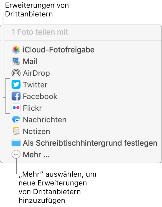 Menü „Teilen“ mit Erweiterungen anderer Anbieter wie Flickr