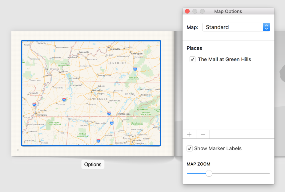 A map in a book with the Options button beneath it, and the Map Options window open to the right of it.