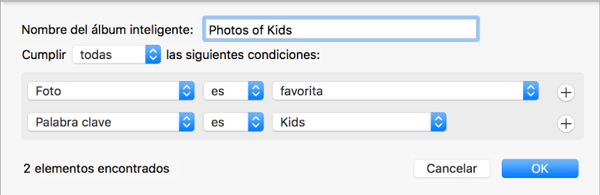 Cuadro de diálogo “Crear álbum inteligente”.