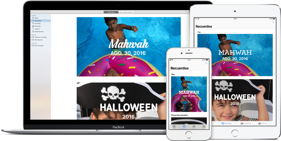 Mac, iPhone y iPad configurados para usar la fototeca de iCloud, con el mismo conjunto de fotos mostrándose en todos los dispositivos.