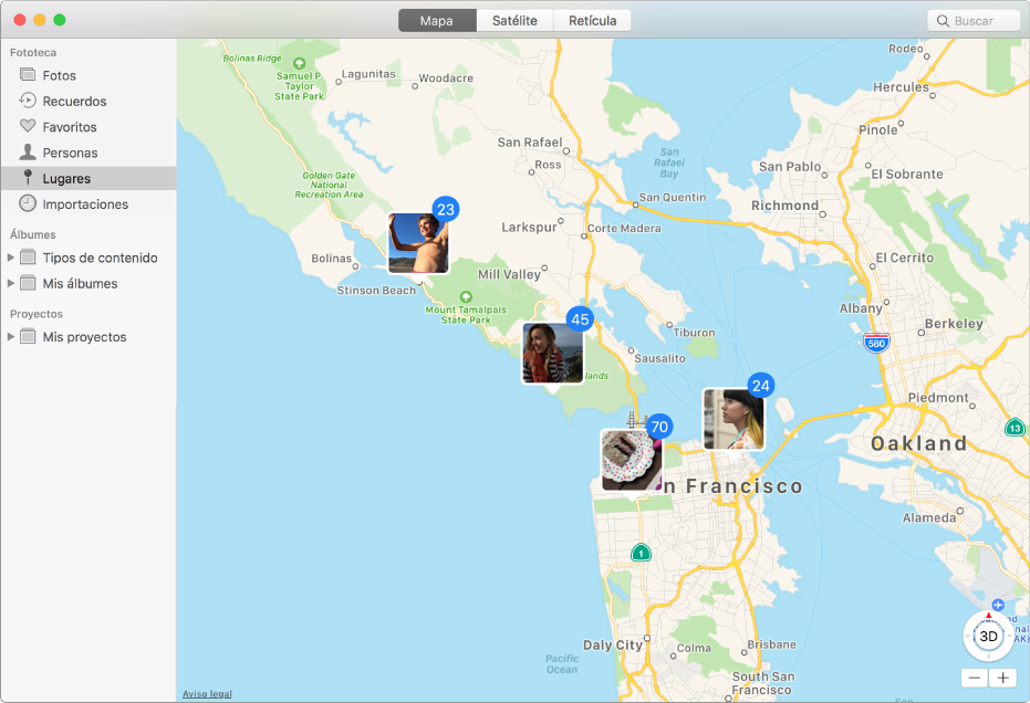 Ventana de Fotos que muestra un mapa con miniaturas de fotos agrupadas por ubicación.