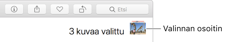 Valintailmaisin, joka näyttää, että kolme kuvaa on valittu.