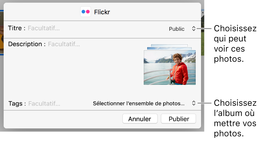 Zone de dialogue de partage sur Flickr.