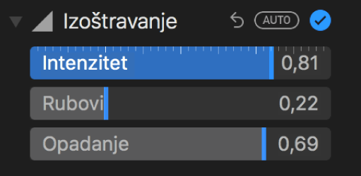 Kontrole za izoštravanje u prozoru Prilagodi.