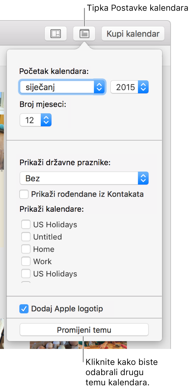 Opcije Postavki kalendara s tipkom Promijeni temu na dnu.