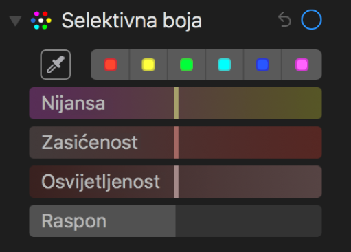 Selektivna boja kontrolira prikaz kliznika Nijansa, Zasićenost, Osvjetljenje i Raspon.