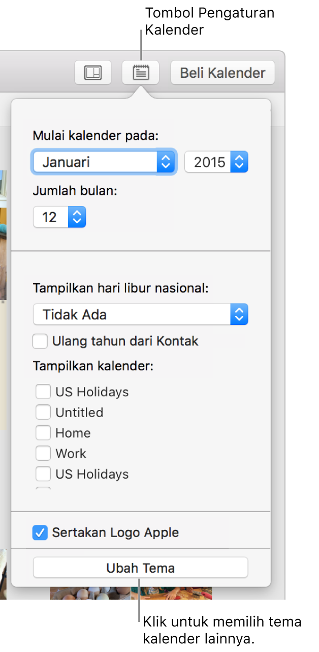 Pilihan Pengaturan Kalender dengan tombol Ubah Tema di bagian bawah.