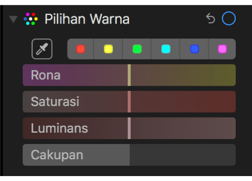 Kontrol Pilihan Warna menampilkan penggeser Rona, Saturasi, Luminans, dan Cakupan.