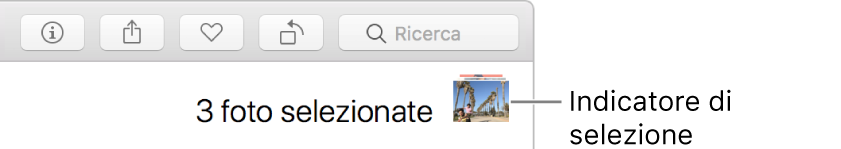 Indicatore di selezione che indica la selezione di tre foto.