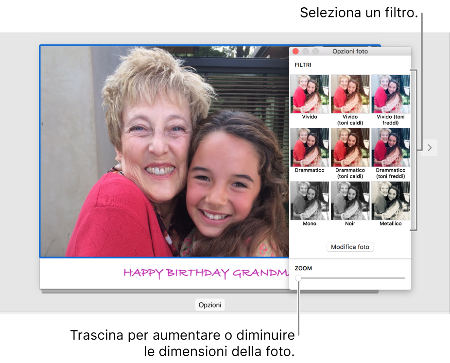 Finestra “Opzioni foto” per un biglietto, con cursore Zoom in basso e opzioni degli effetti in alto.