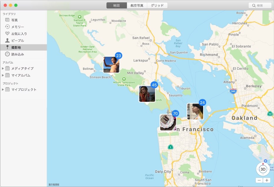 写真のサムネールが場所ごとに分類されて地図上に表示されている「写真」ウインドウ。