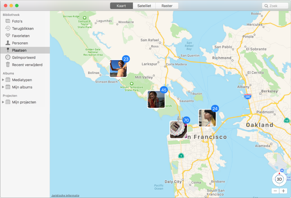 Het Foto's-venster met een kaart waarop fotominiaturen worden weergegeven die op locatie zijn gegroepeerd.