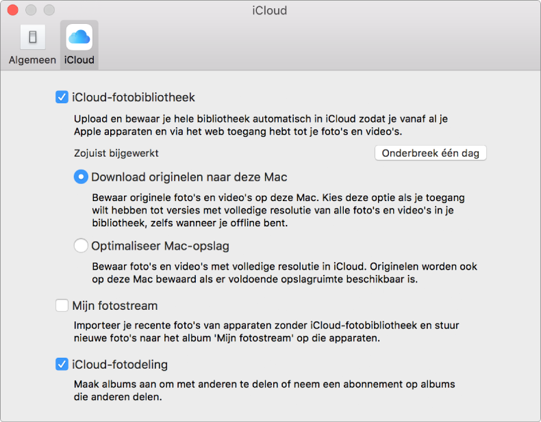 Paneel 'iCloud' in het voorkeurenvenster van Foto's.