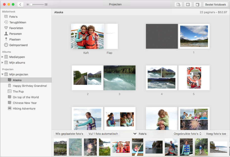 Het Foto's-venster met een fotoboekproject geopend en pagina's met foto's.