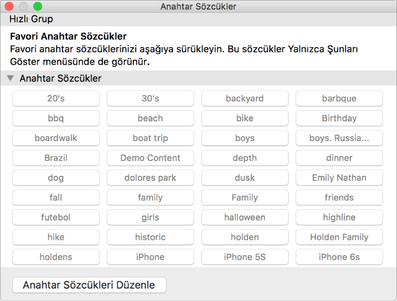 Anahtar Sözcük Yöneticisi penceresi