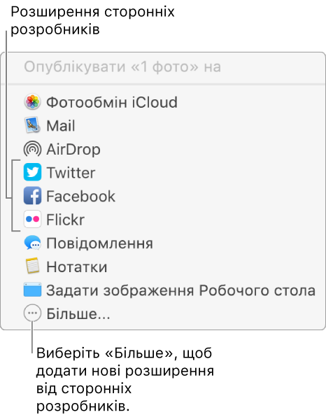 Меню «Спільний доступ» із розширеннями сторонніх розробників, наприклад Flickr.