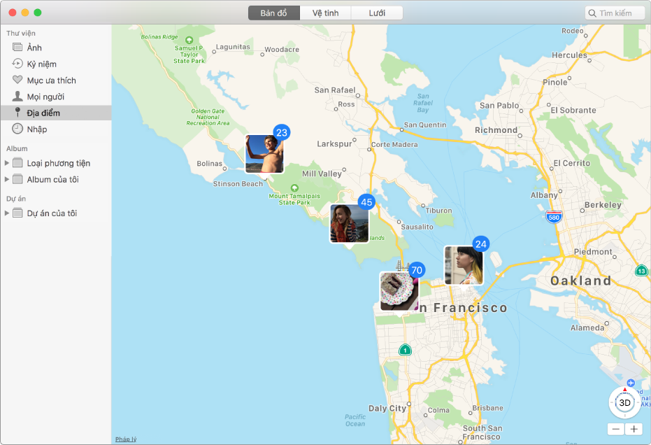 Cửa sổ Ảnh đang hiển thị bản đồ với các hình thu nhỏ của ảnh được nhóm theo vị trí.