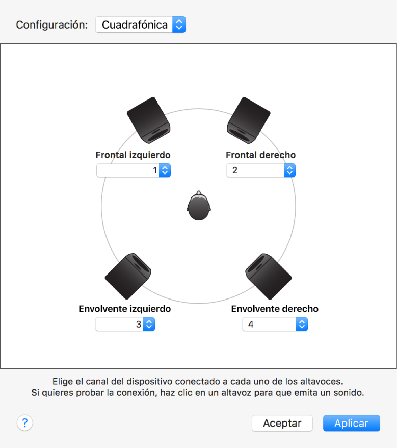 El cuadro de diálogo de configuración de altavoces con una configuración de altavoces cuadrafónica.