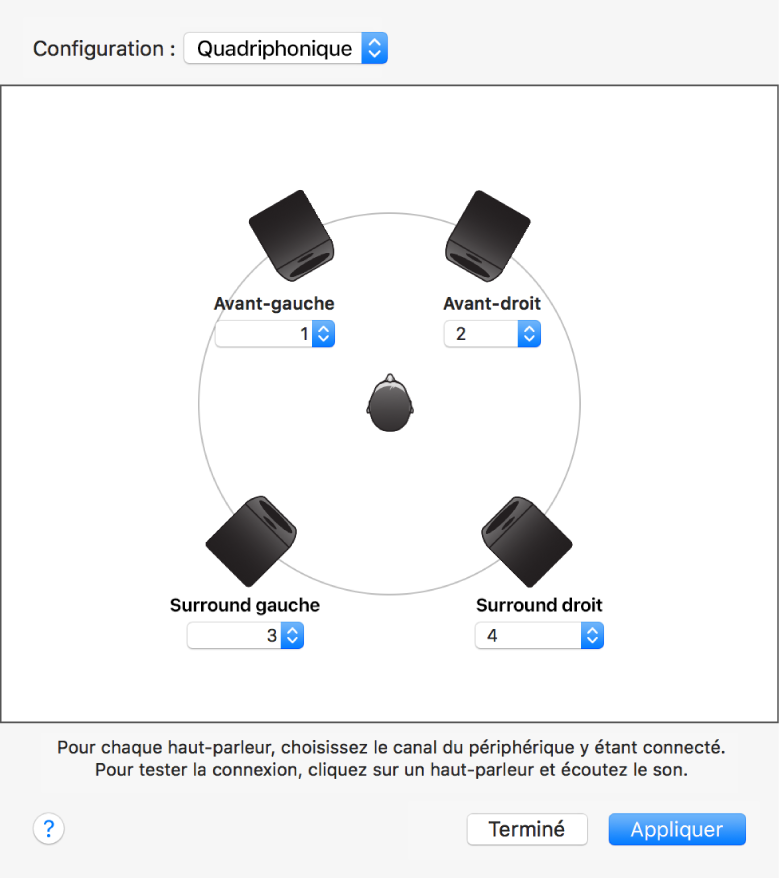 La zone de dialogue configurer les haut-parleurs affichant une configuration de haut-parleurs quadriphoniques.