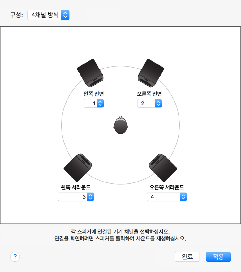 4채널 방식 구성을 표시하는 스피커 구성 대화상자.