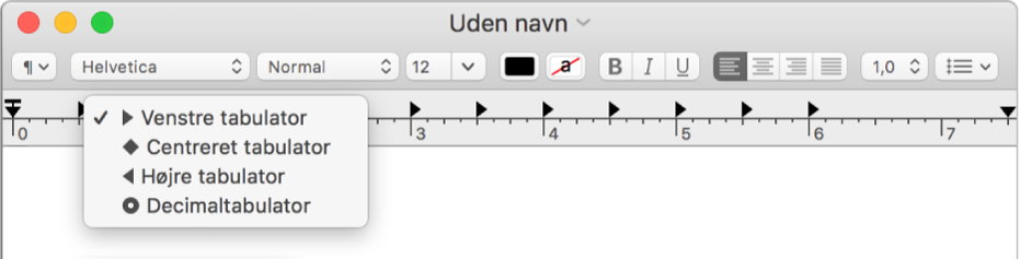 Linealen med indstillinger for tabulatorstop.