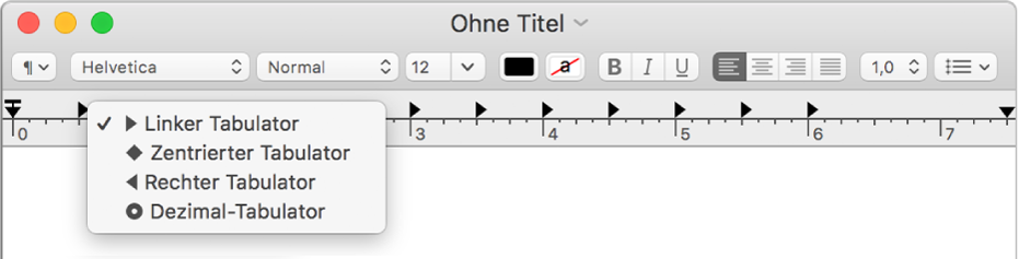 Das Lineal mit den Tabulatoroptionen