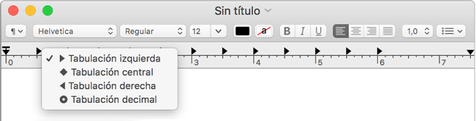 La regla mostrando opciones de tabulación.