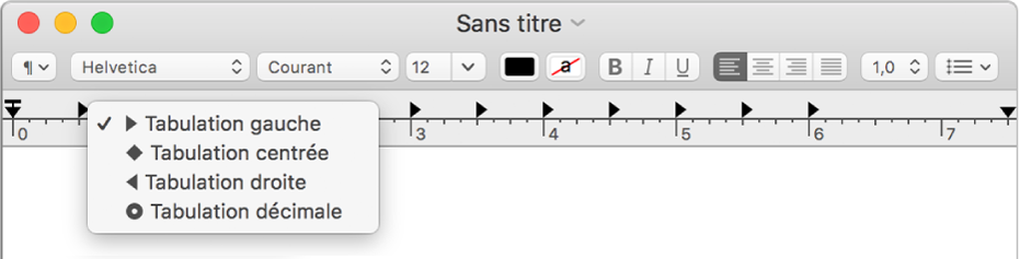 La règle, présentant les options de taquet de tabulation.