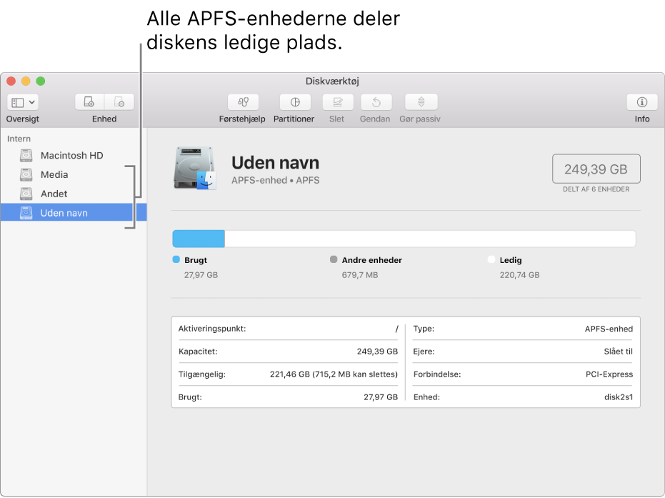 Vinduet Diskværktøj, der viser en APFS-beholder.