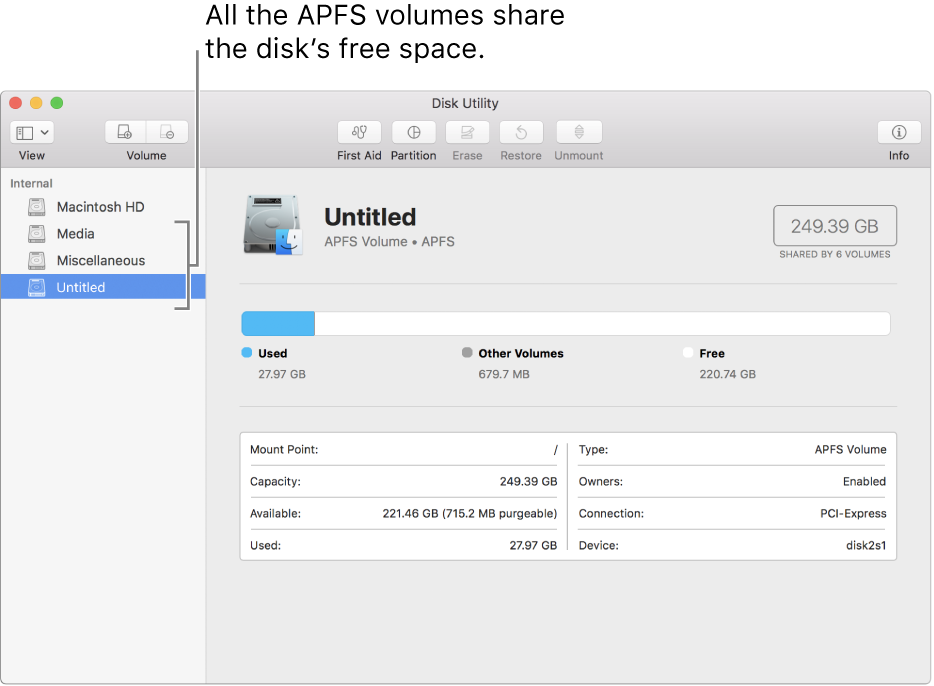 The Disk Utility window showing an APFS container.