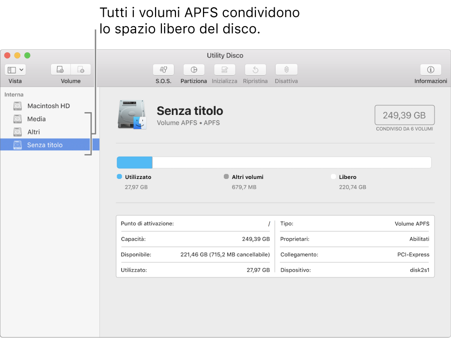 Finestra di Utility Disco che mostra un contenitore APFS.
