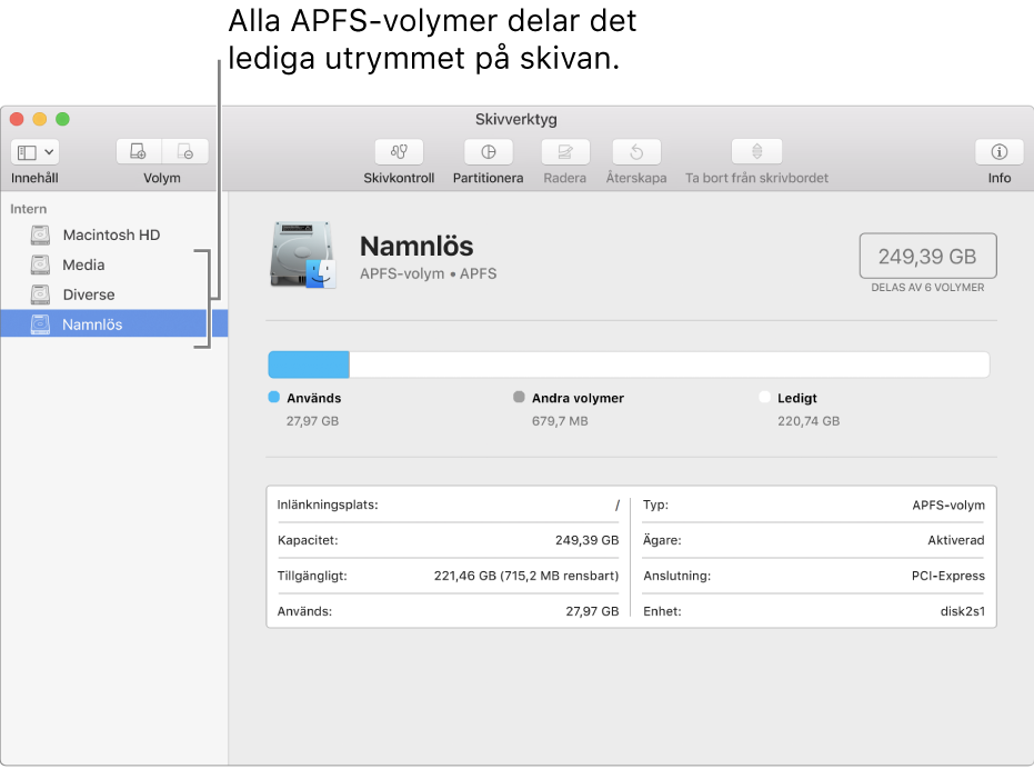 Fönstret Skivverktyg som visar en APFS-behållare.