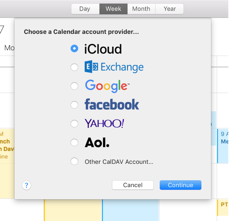 A Calendar window showing the Add Account pane.