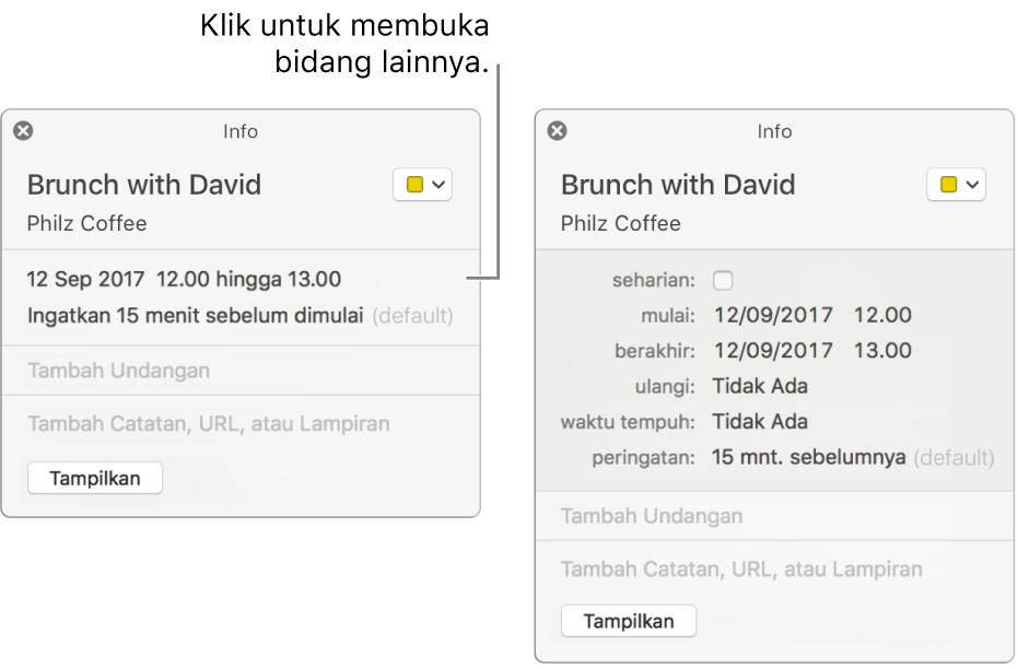 Jendela info untuk acara dengan detail tersembunyi (di sebelah kiri), dan jendela info acara yang sama dengan detail durasi yang ditampilkan (di sebelah kanan).