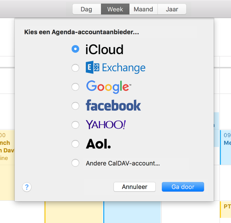 Een Agenda-venster met het paneel 'Voeg account toe'.