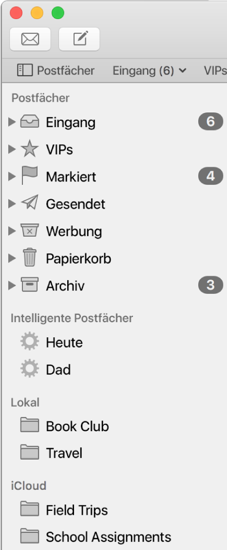 Die Seitenleiste von Mail mit den Standardpostfächern („Posteingang“, „Entwürfe“ usw.) oben in der Seitenleiste und Postfächern, die lokal auf dem Mac oder in iCloud erstellt wurden.