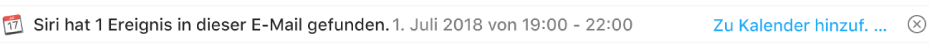 In der Vorschau erscheint unter dem Header einer Nachricht ein Banner mit Informationen zu dem Ereignis, das Siri in der Nachricht erkannt hat. Ganz rechts befindet sich ein Link, mit dem du das Ereignis in deinen Kalender übernehmen kannst.
