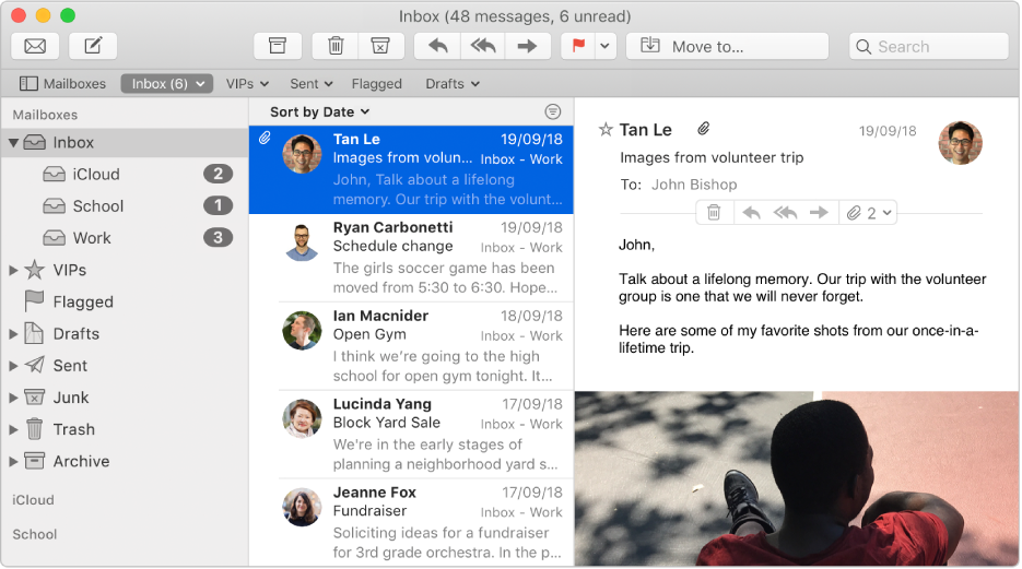 The sidebar in the Mail window showing inboxes for iCloud, school and work accounts.