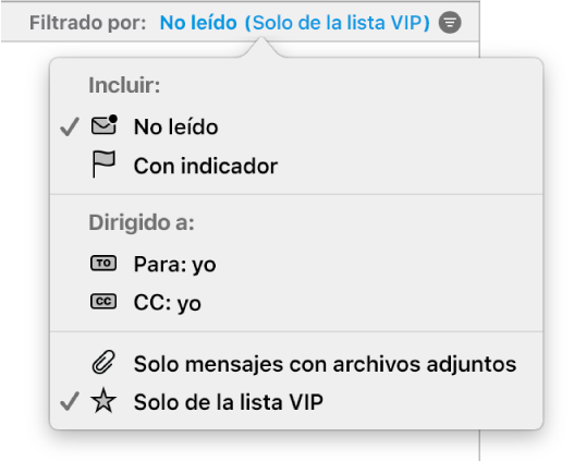 El menú desplegable de filtros que muestran los seis filtros posibles: “No leído”, “Con indicador”, “Para mí”, “Conmigo mí, “Solo mensajes con archivos adjuntos” y “Solo de la lista VIP”.