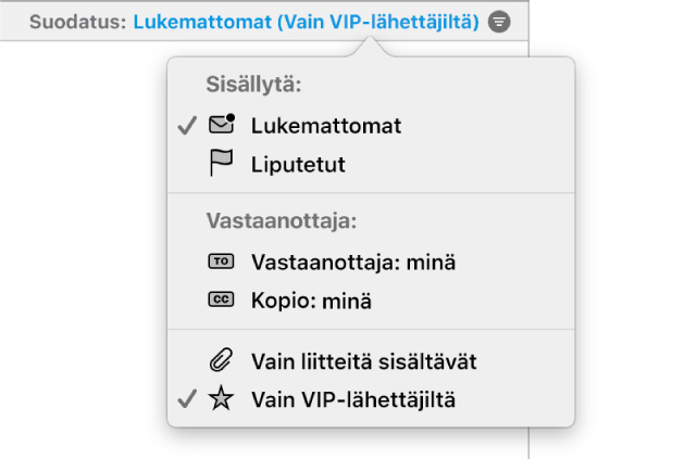 Suodattimen ponnahdusvalikko, jossa näkyy kuusi mahdollista suodatinta: Lukematon, Liputettu, Vastaanottaja: Minä, kopio: Minä, Vain liitteitä sisältävä posti ja Vain VIP-lähettäjiltä.