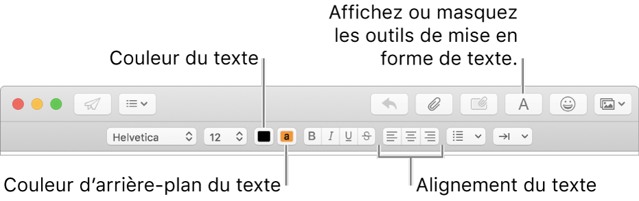Barre d’outils et barre de mise en forme d’une nouvelle fenêtre de message indiquant la couleur du texte, la couleur d’arrière-plan du texte et les boutons d’alignement du texte.