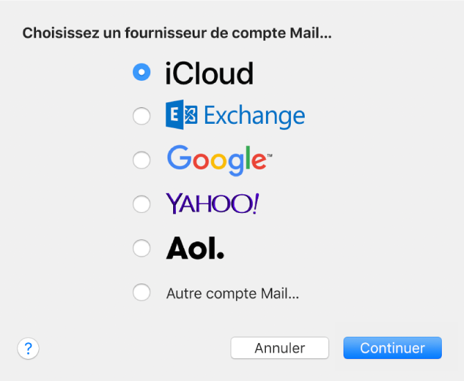 La zone de dialogue permettant de choisir le type de compte de messagerie électronique, avec les options iCloud, Exchange, Google, Yahoo!, AOL et Autre compte Mail.