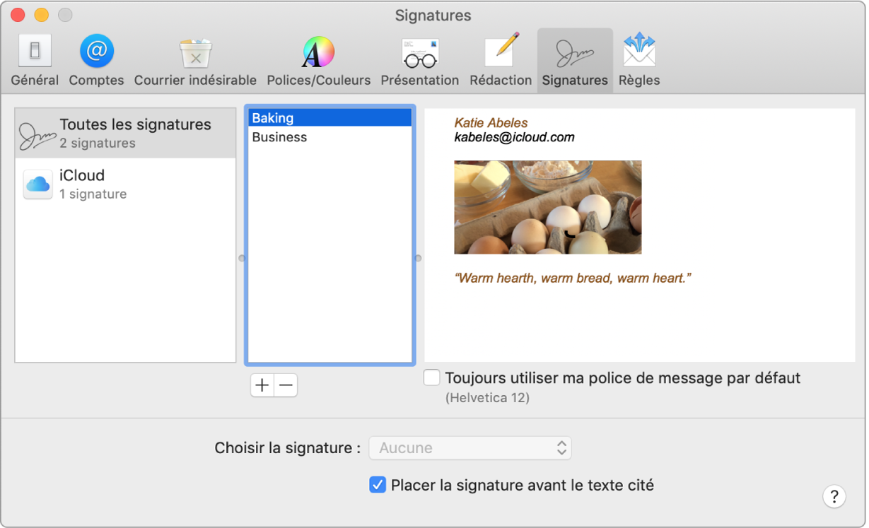 La sous-fenêtre de préférences Signatures de Mail affichant une signature qui contient du texte mis en forme ainsi qu’une image.